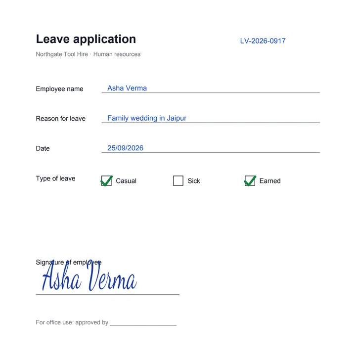 The same leave form filled in on this page: the name Asha Verma, the reason and the date typed on their lines, two boxes ticked, a handwritten-style signature, and the old reference number whited out with the new one typed over it.