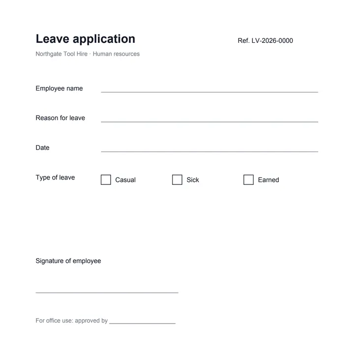 An invented one-page leave form: lines for a name, a reason and a date, three boxes to tick, a place to sign.