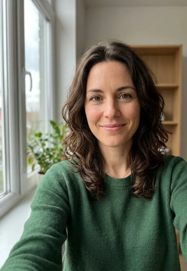 A selfie of an invented woman with dark curly hair in a green sweater, by a window. She is not a real person: an AI model drew her for this sample.