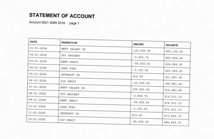 A scanned bank statement page, slightly skewed and noisy, with a table of transactions.