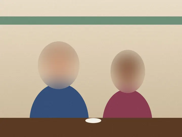 The drawing of two people at a café table with both faces blurred.