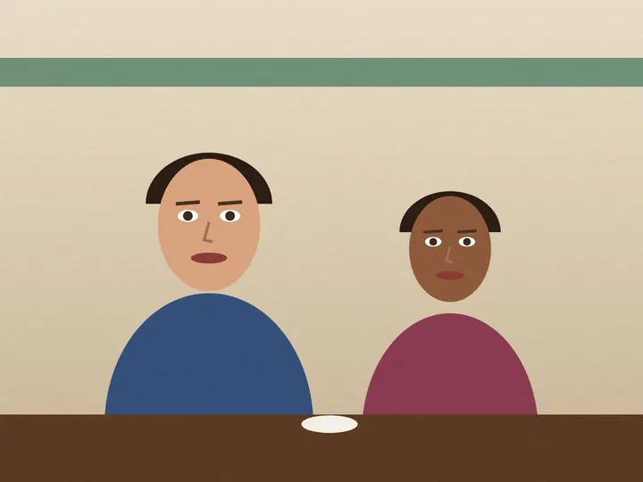 A drawing of two people sitting at a café table.
