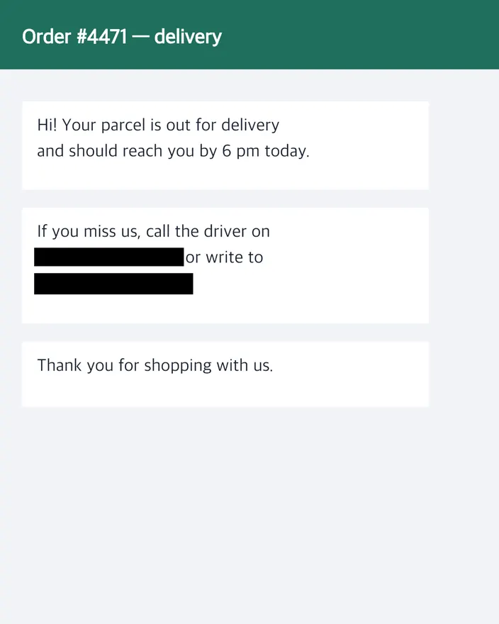 The delivery message screenshot with the phone number and the email address under black boxes.