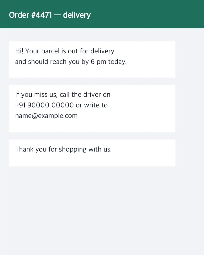 A phone screenshot of a delivery message that contains a phone number and an email address.