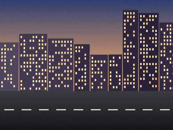 The same city street at dusk, saved smaller as a JPEG under 20 KB.