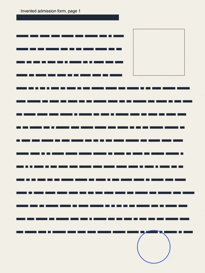 Page 1 of a scanned two-page admission form: lines of text and a photo box.