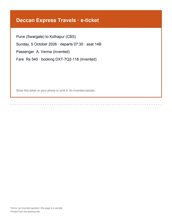 An invented bus e-ticket printed at the top of an otherwise empty A4 page.