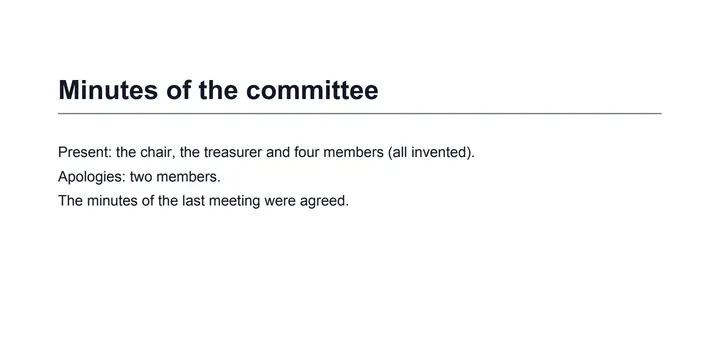 Page 1 of four pages of invented committee minutes: a heading, a rule and three lines of notes.