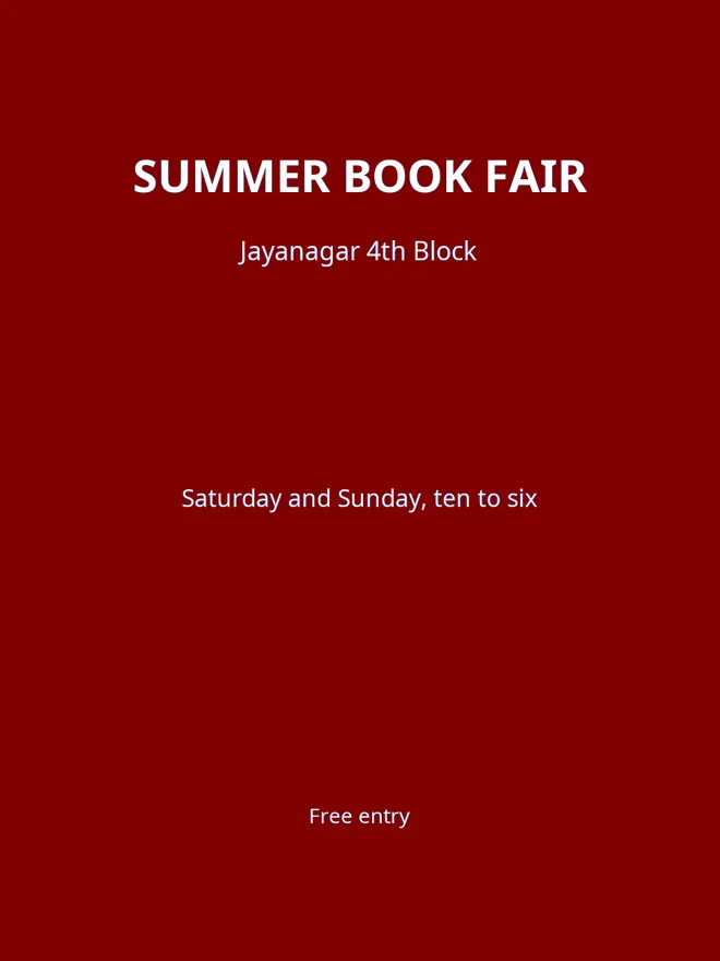 The Summer Book Fair flyer with its text changed, in the same lettering on the same blue.