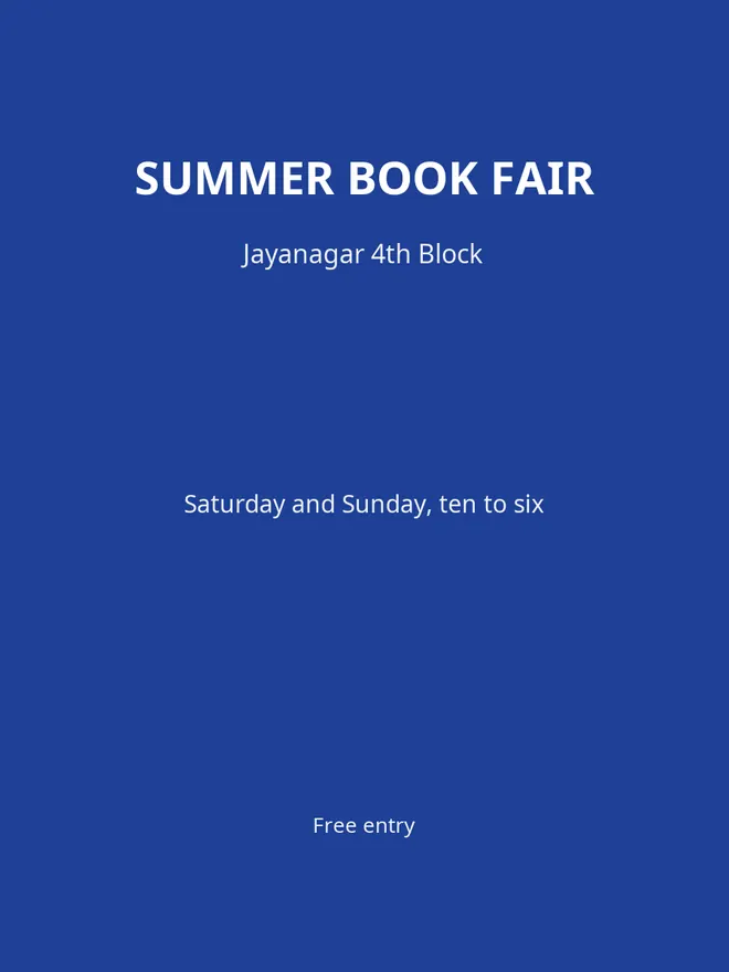 An event flyer with white lettering on a solid blue background: Summer Book Fair.