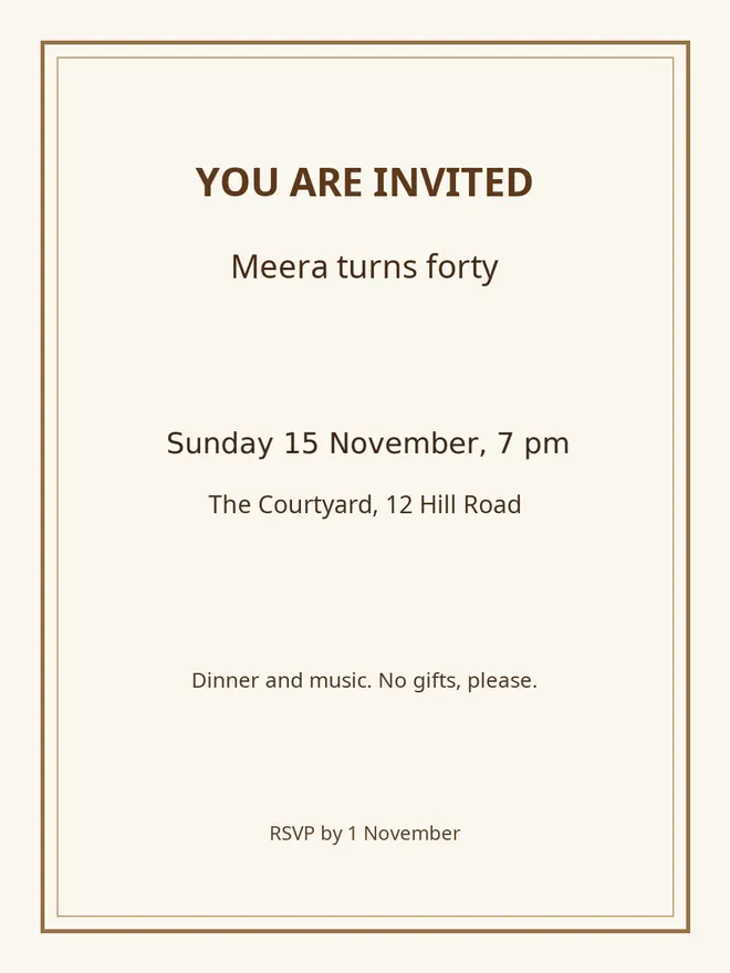 The party invitation with its date and time changed, in the same printed style.