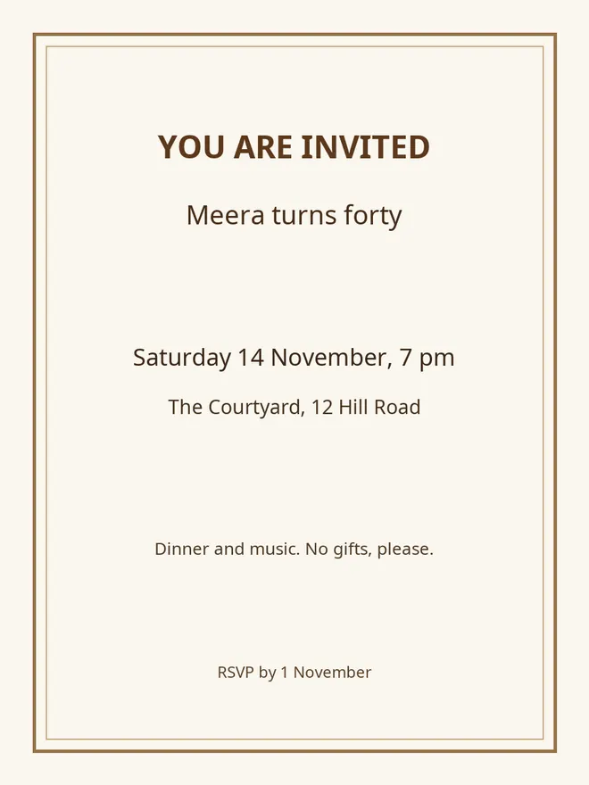 A printed-style party invitation card reading Saturday 14 November, 7 pm.