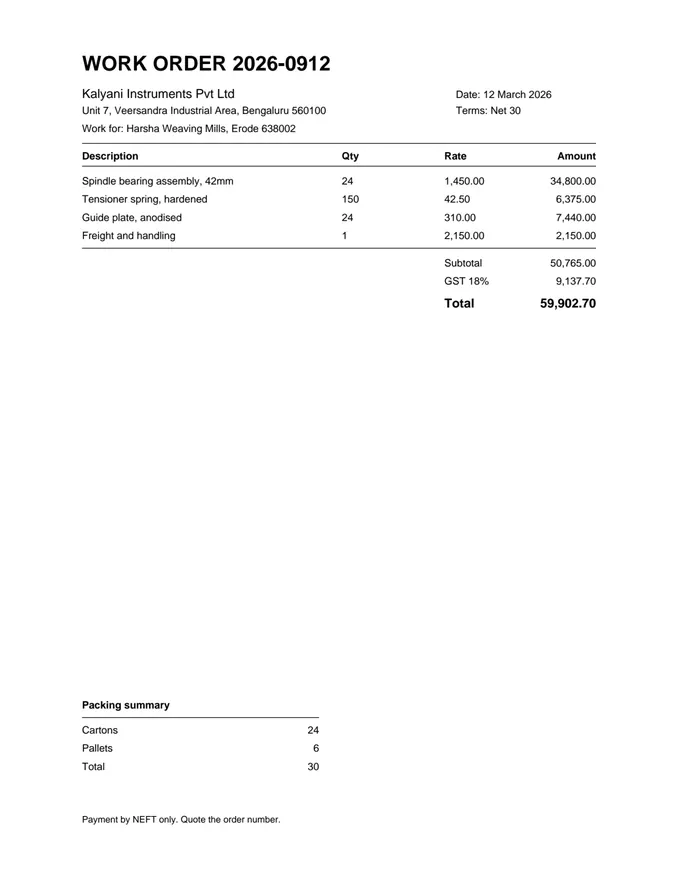 A scanned work order dated 12 March 2026, with a table of items and totals.