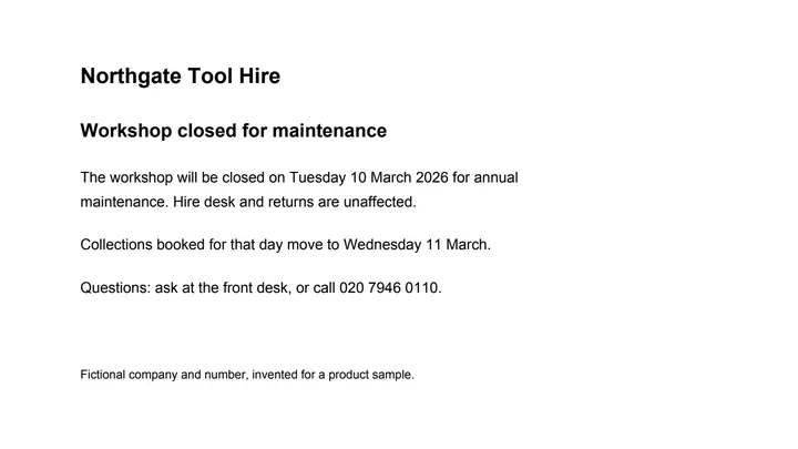 A one-page notice that the Northgate Tool Hire workshop is closed for maintenance on Tuesday 10 March 2026.