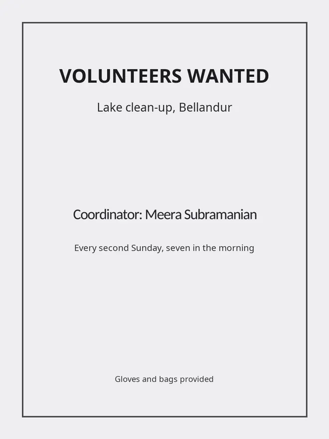 The volunteers-wanted flyer with the coordinator's name changed, in the same lettering.