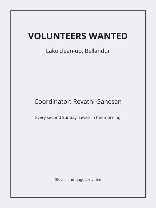 A volunteers-wanted flyer for a lake clean-up that names the coordinator, Revathi Ganesan.