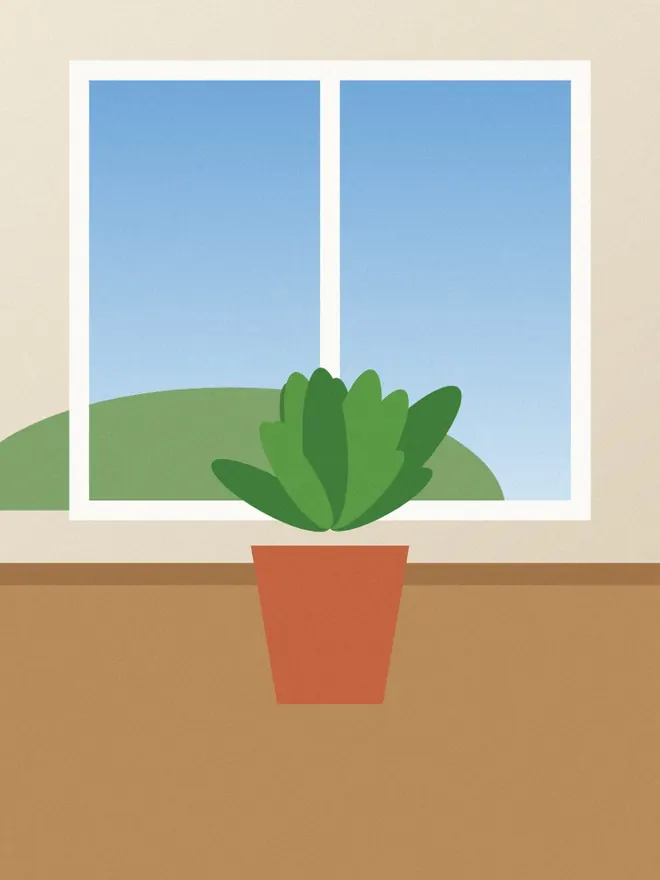 A drawing of a potted plant on a sill in front of a window, upright, saved as a PNG.