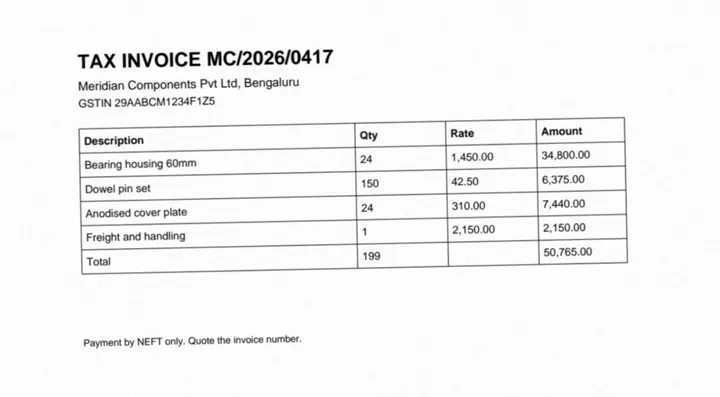 A scanned tax invoice from Meridian Components: a ruled table of line items with quantity, rate and amount, and a total.