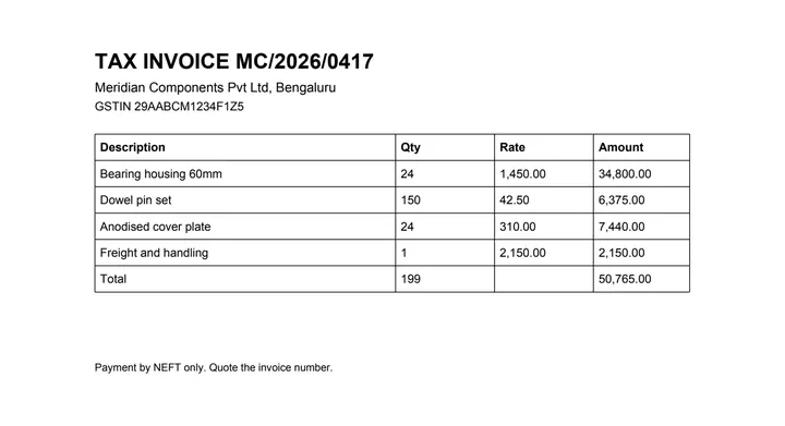A one-page tax invoice from Meridian Components: a ruled table of line items with quantity, rate and amount, and a total.