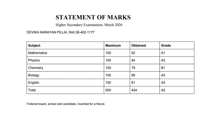 A one-page statement of marks: five subjects with maximum marks, marks obtained and grades, and a total.