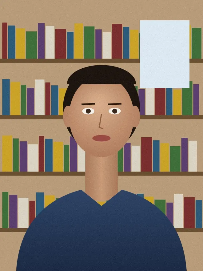 A drawing of a person standing in front of a bookshelf.