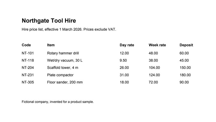 A one-page hire price list from Northgate Tool Hire: item codes, names, day and week rates and deposits, with no lines between the columns.
