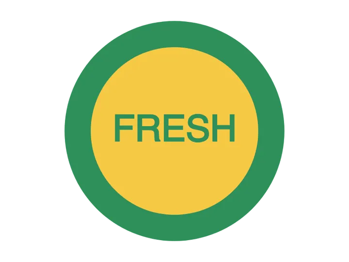 A round green-and-yellow sticker reading FRESH, on a see-through background.