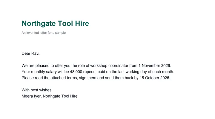 An invented one-page offer letter from a tool-hire shop, not locked.