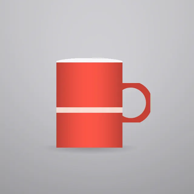 A studio product shot of a red mug on a plain grey backdrop.