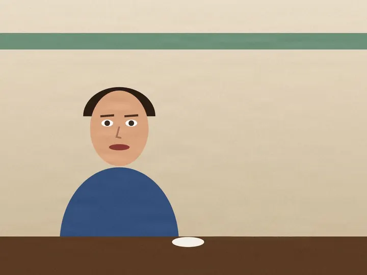 The drawn café scene with the person on the right gone; the wall and the table carry on where they sat.