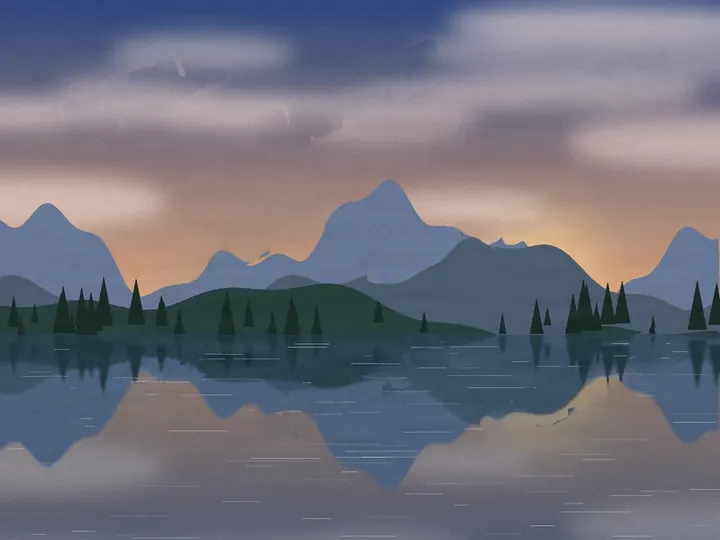 The same drawn lake at dawn with every SAMPLE taken out and the sky, mountains and water filled in where they were.
