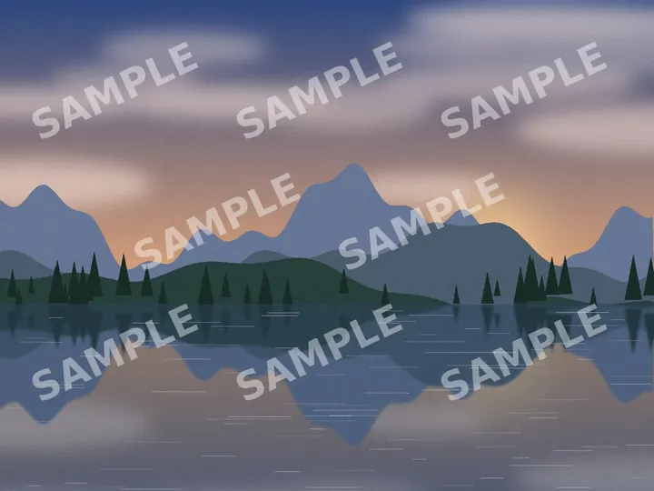 A drawn lake at dawn — mountains, pine trees and their reflection — with the word SAMPLE repeated faintly across it on a diagonal.