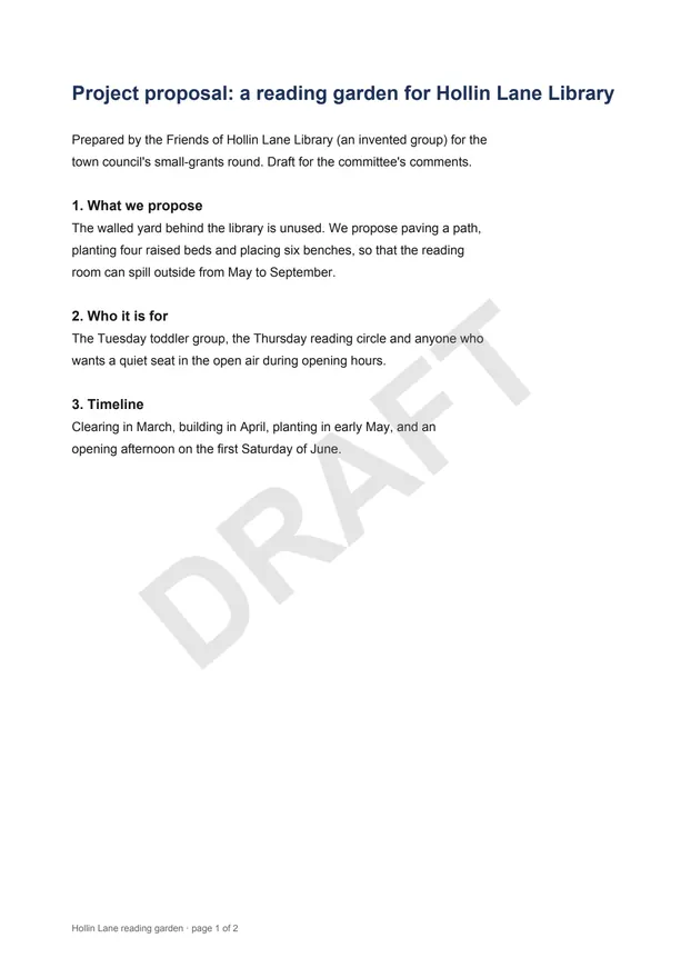 Page 1 of an invented project proposal for a library reading garden, with the word DRAFT in grey across it on the diagonal.