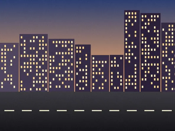 The same city street at dusk, resized to 10 cm wide at 150 dpi.