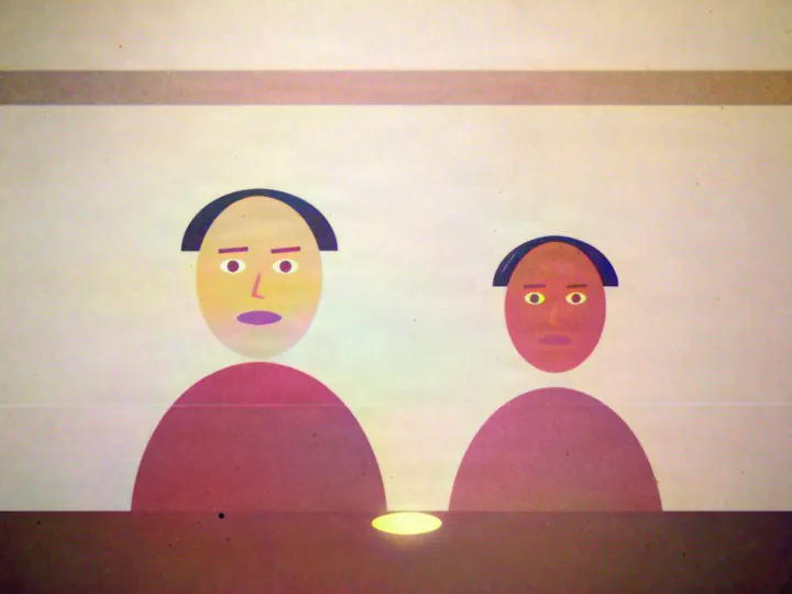 The old café print restored and coloured: the scratches and dust gone, the two drawn people and the table in colour.