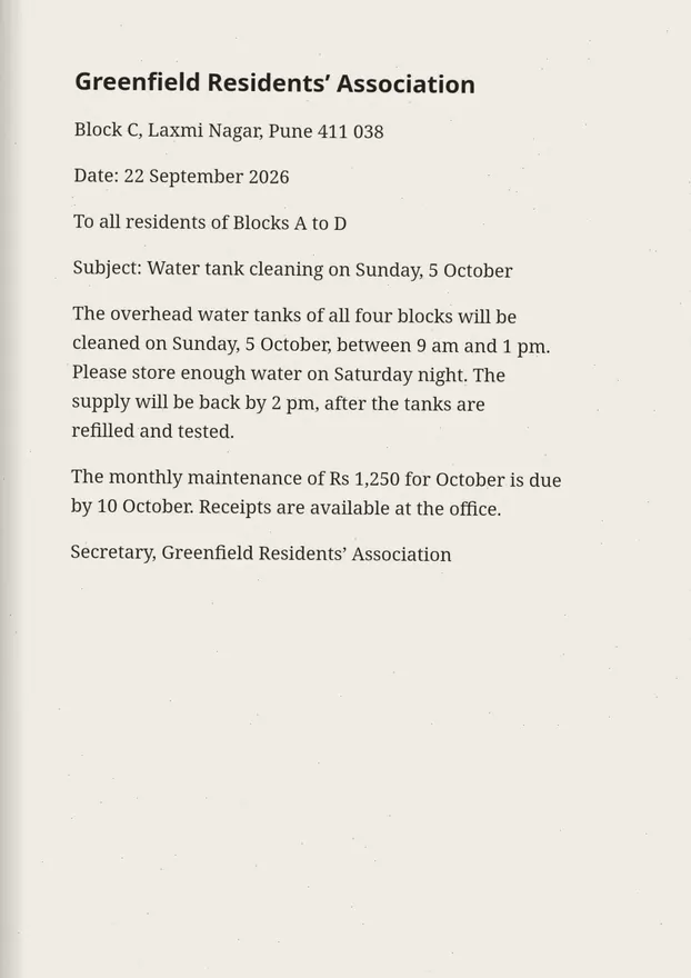 Page 1 of a scanned residents' association letter on tinted paper, slightly tilted, about water tank cleaning on 5 October.