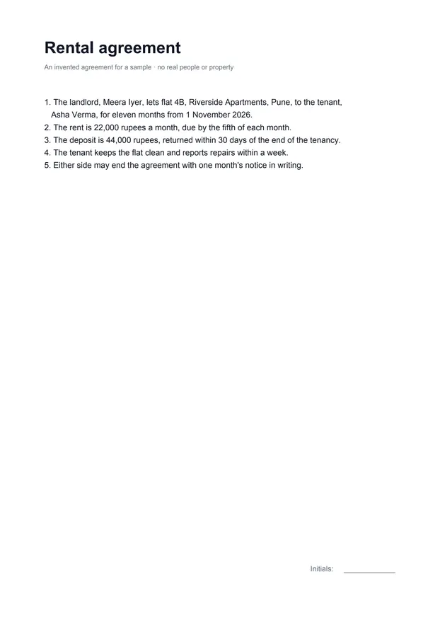 Page 1 of an invented two-page rental agreement, with a line for initials at the foot of the page.
