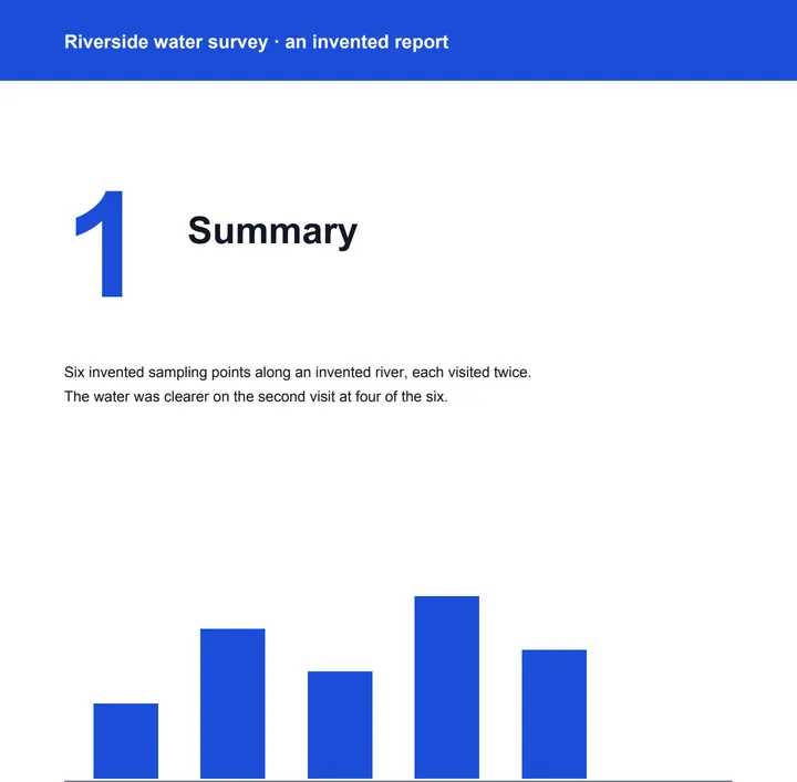 Page 1 of a six-page invented survey report: a blue band, a large 1, the heading Summary and a small bar chart.