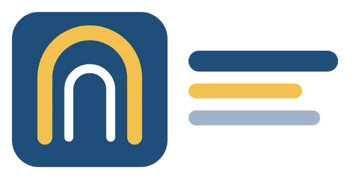 An invented logo — a gate shape in a blue square beside three coloured bars — on a see-through background.