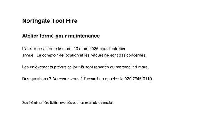 The same one-page Northgate Tool Hire notice in French: the workshop is closed for maintenance on mardi 10 mars 2026.