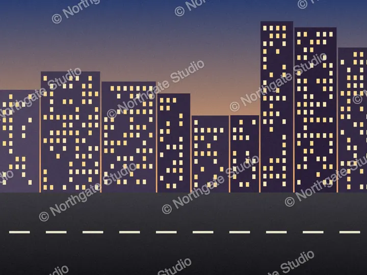 The city street at dusk with the words © Northgate Studio repeated faintly across it on a diagonal.