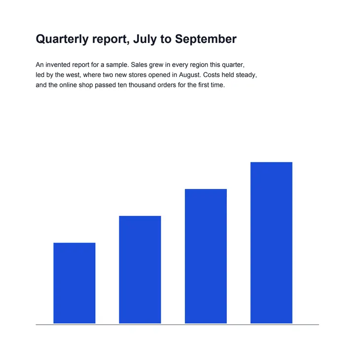 Page 1 of an invented quarterly report: a heading, a paragraph and a blue bar chart.