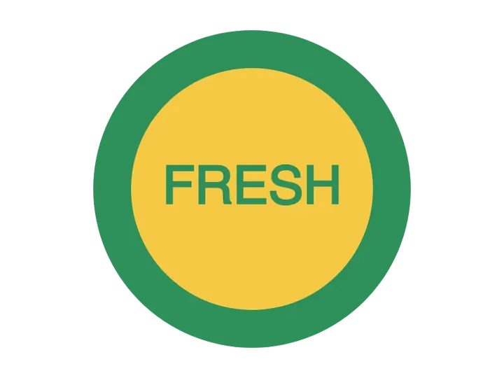 A round green-and-yellow sticker reading FRESH, on a see-through background.